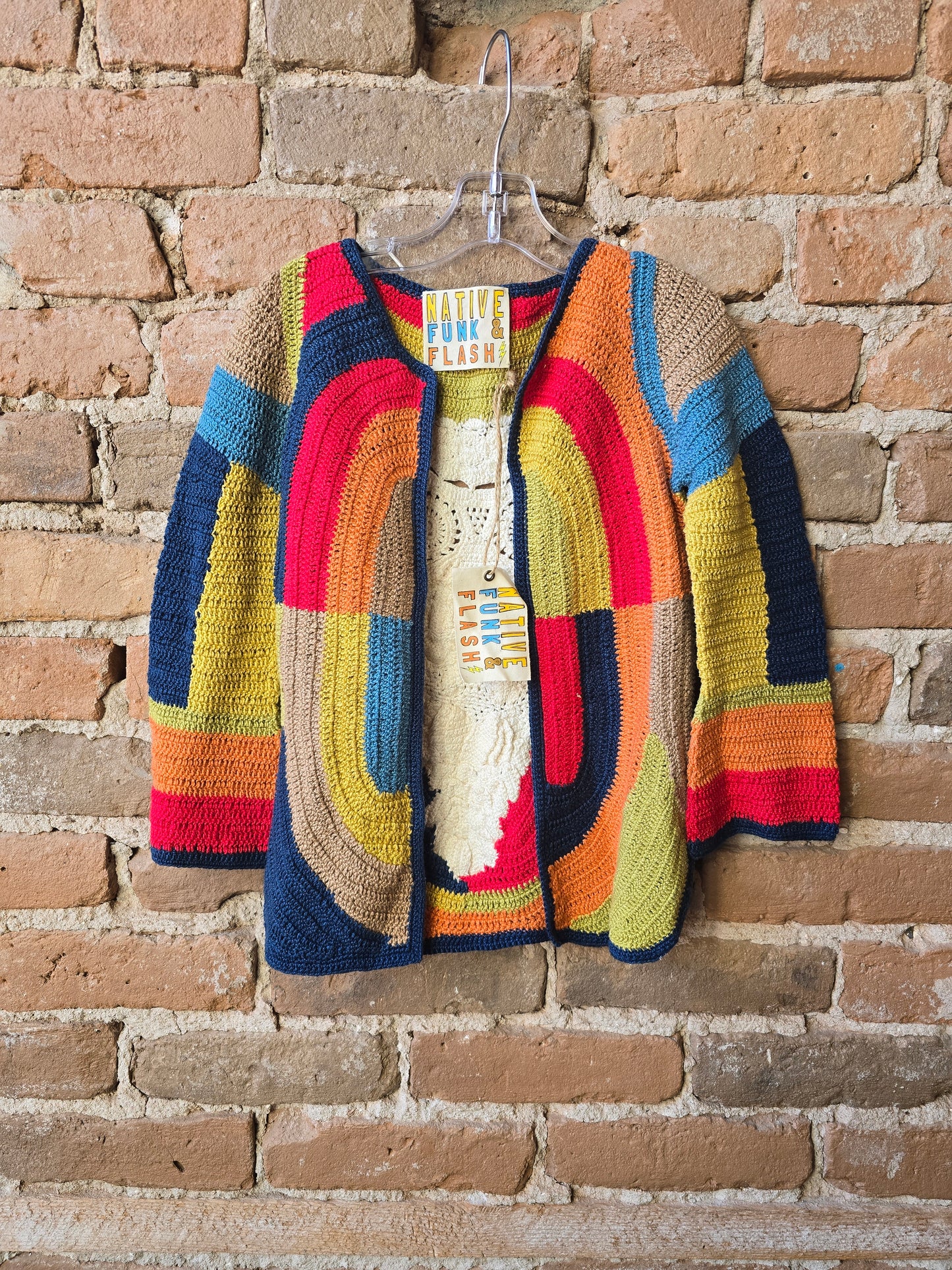 Gorgeous Colorful Crocheted Sweater with Owl Inlay, Native Funk and Flash