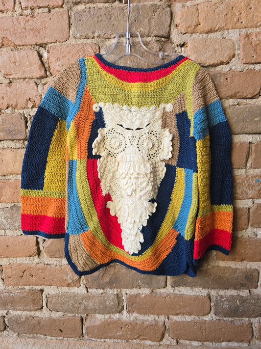 Gorgeous Colorful Crocheted Sweater with Owl Inlay, Native Funk and Flash